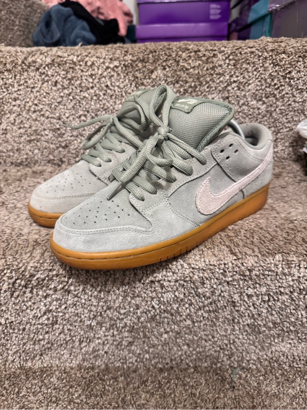 Nike Low-Top Suede Sneakers in Sage Green with Pink Swoosh and Gum Sole